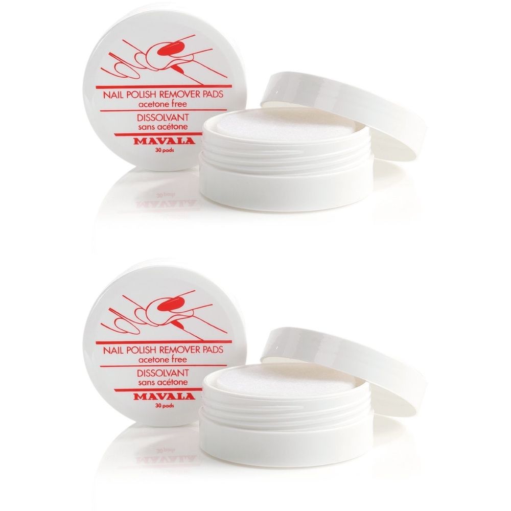 Deux boîtes blanches avec couvercles, remplies de tampons. Texte rouge sur le couvercle : Nail Polish Remover Pads, acetone free, Dissolvant sans acetone, Mavala.