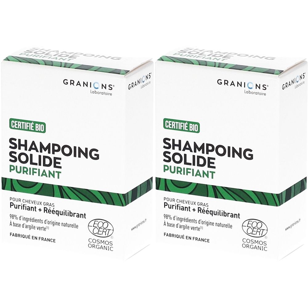 Zwei weiße Kartons mit grünem Akzent. Aufschrift: SHAMPOING SOLIDE PURIFIANT, CERTIFIE BIO, GRANIONS. ECO CERT-Logo. Französische Beschriftung.