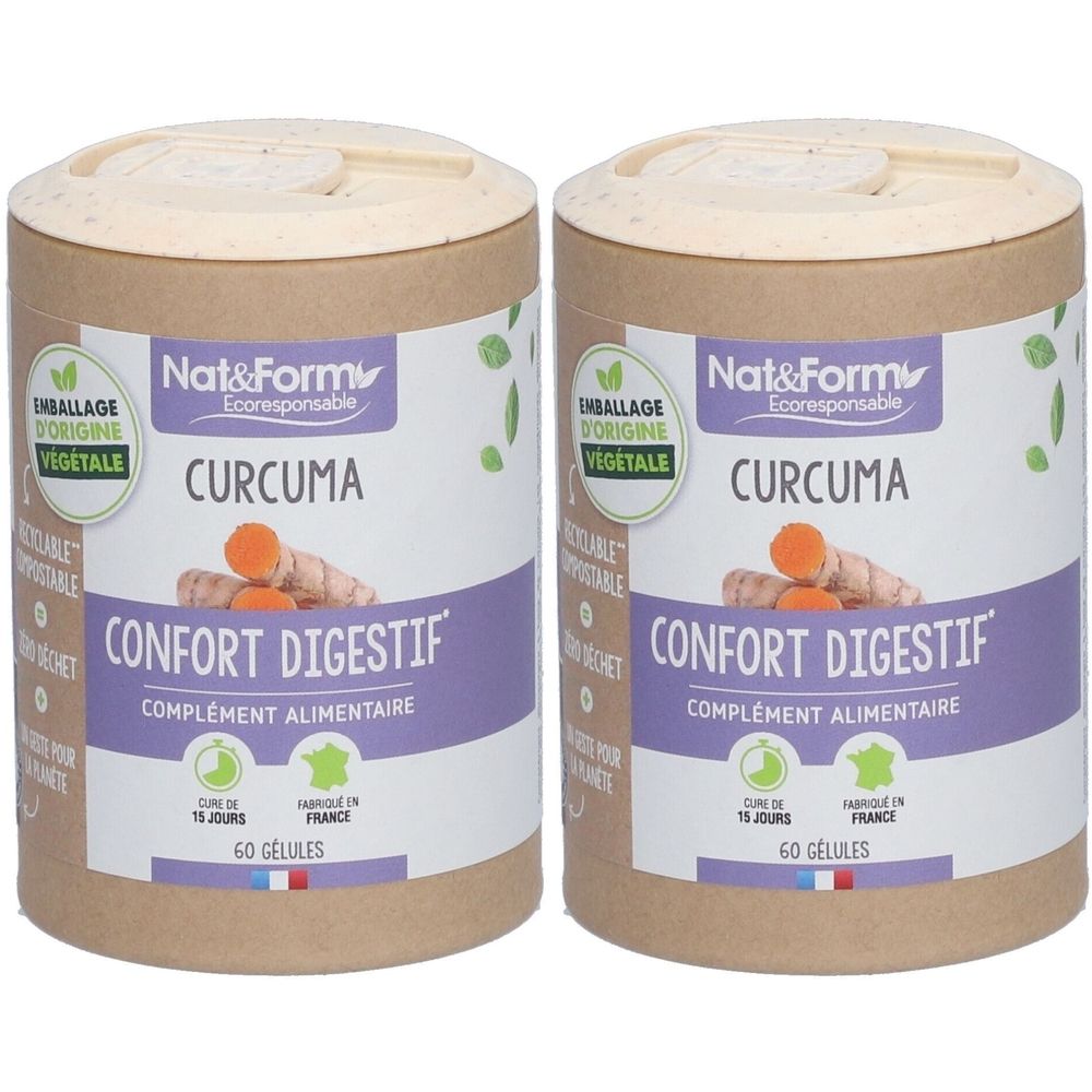 Deux boîtes cylindriques « Nat&Form Curcuma ». Inscription « Confort Digestif », « Complément Alimentaire ». Contient 60 gélules. Emballage écoresponsable.