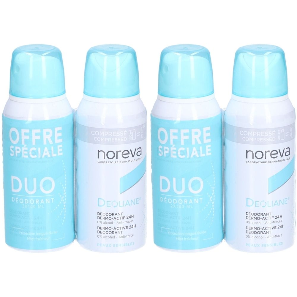 Vier Deodorant-Sprays mit hellblauen Kappen. Aufschrift "OFFRE SPECIALE DUO" und "noreva DEOLIANE".