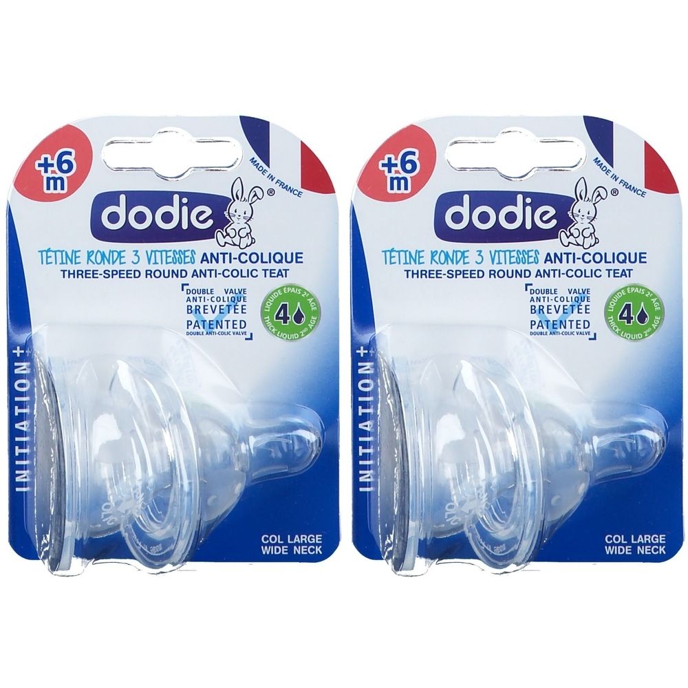 Zwei Packungen dodie® Tétine Initiation+ runde 3-Geschwindigkeits-Anti-Kolik-Sauger. Verpackung mit Produktinformationen und Logo.