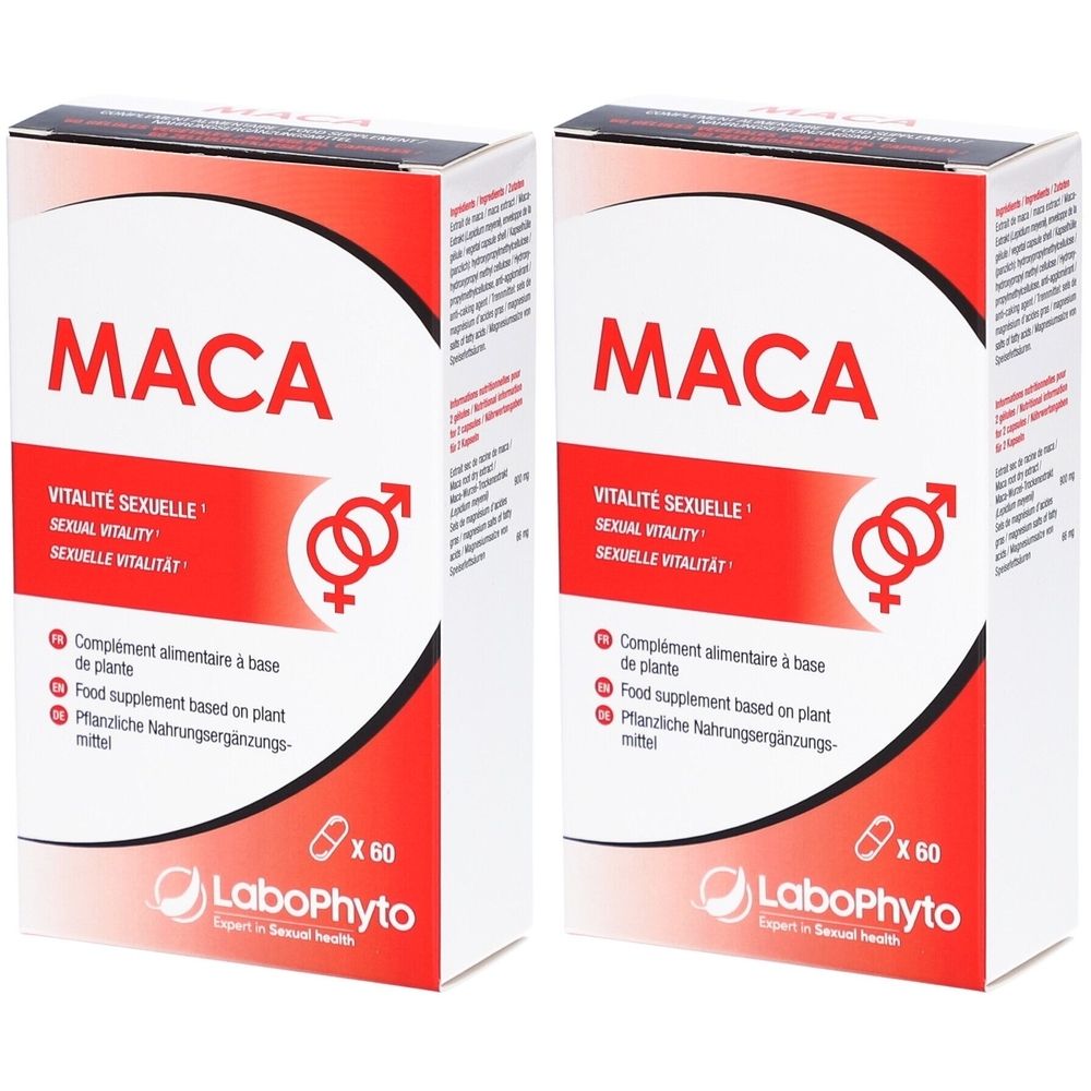 Deux boîtes blanches avec texte rouge. Inscription: MACA, Vitalité Sexuelle, Sexual Vitality, Sexuelle Vitalität. Logo: LaboPhyto.