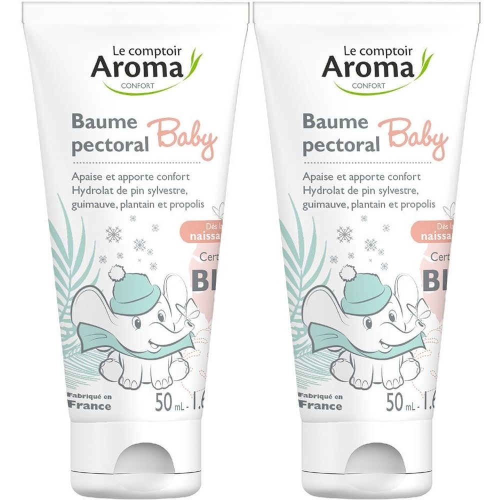 Zwei Tuben mit Produktaufdruck. Aufschrift: Le Comptoir Aroma, Baume Pectoral Baby. Illustration: Elefant. Zertifizierung BI. 50 ml.