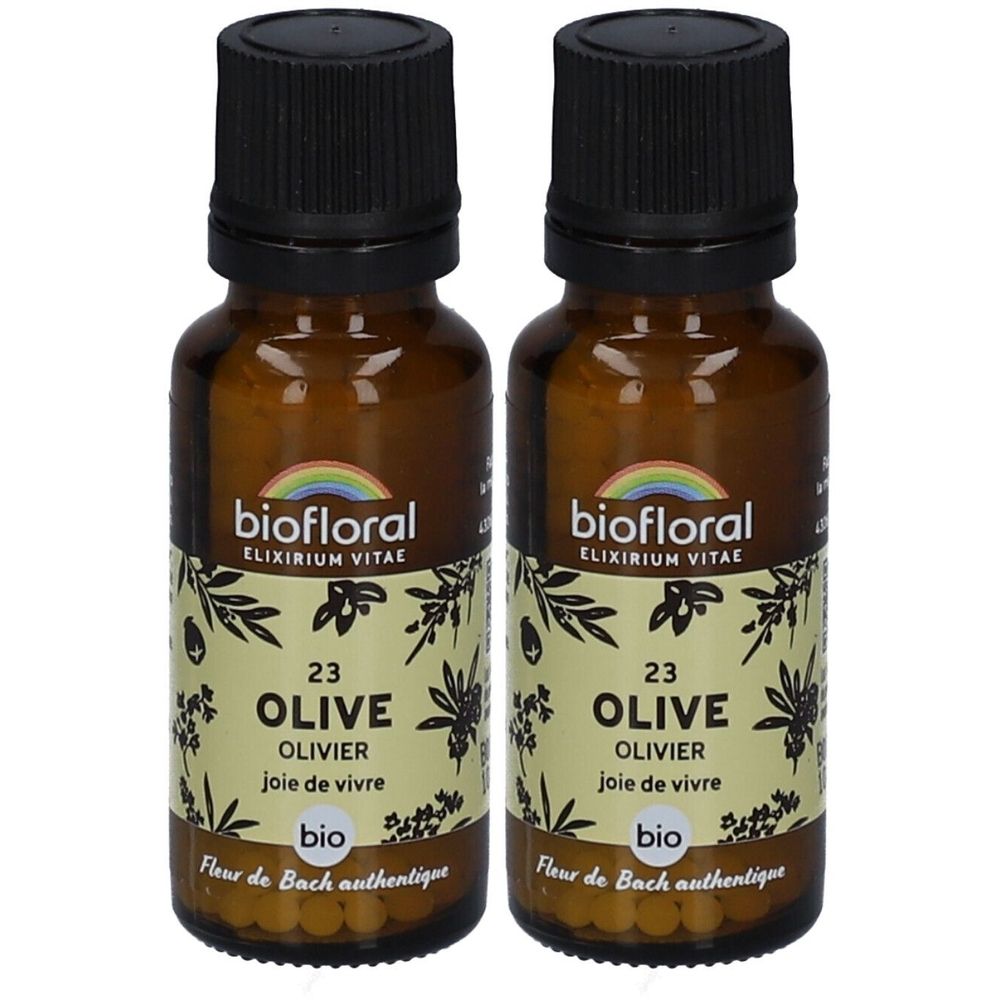 Deux flacons en verre brun avec bouchon noir. Étiquettes : BIOFLORAL 23 OLIVE, feuilles vert olive, logo arc-en-ciel, label bio.