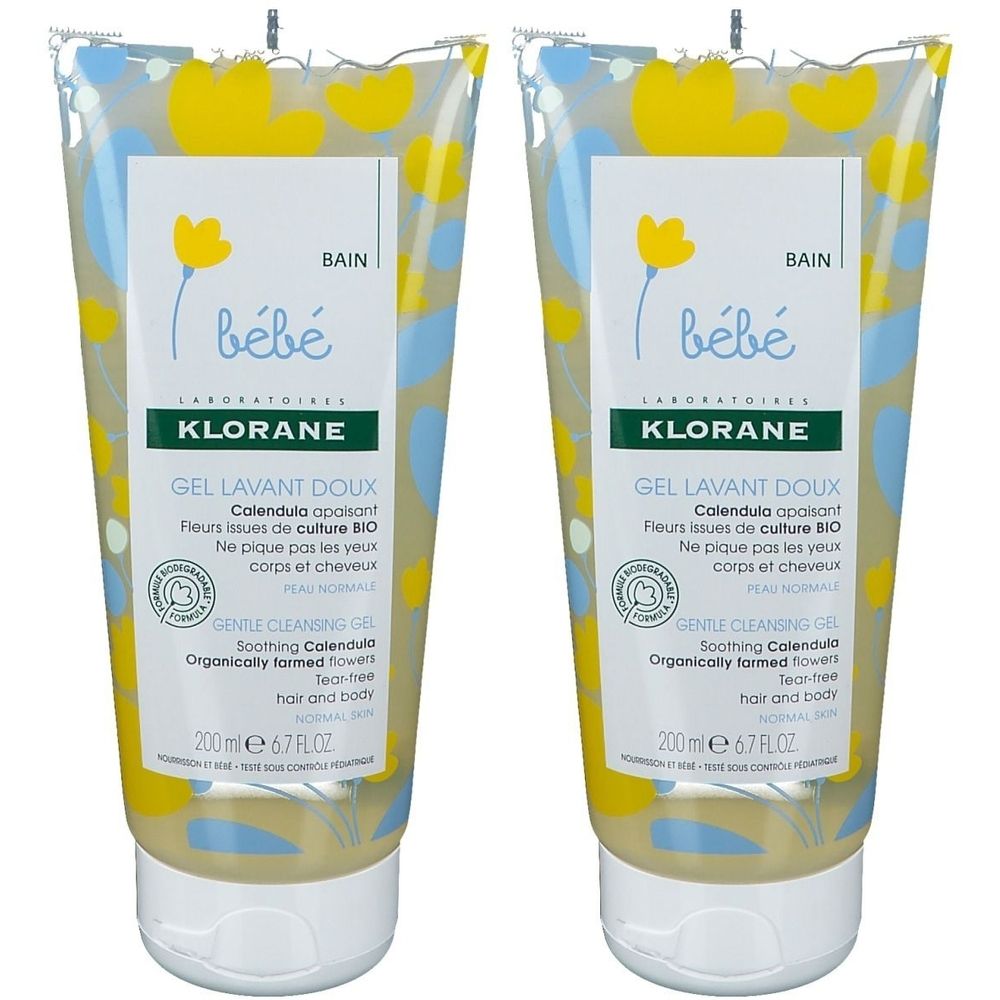 Zwei Tuben KLORANE Bébé Gel Lavant Doux. Aufschrift: Calendula, sanftes Waschgel, 200 ml. Mit Bio-Qualitätssiegel.