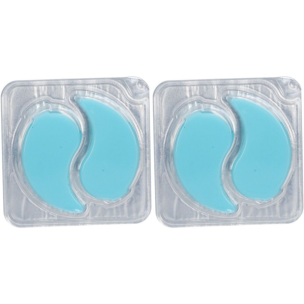 Deux patchs pour les yeux bleus en forme de croissant, dans des emballages en plastique transparent.