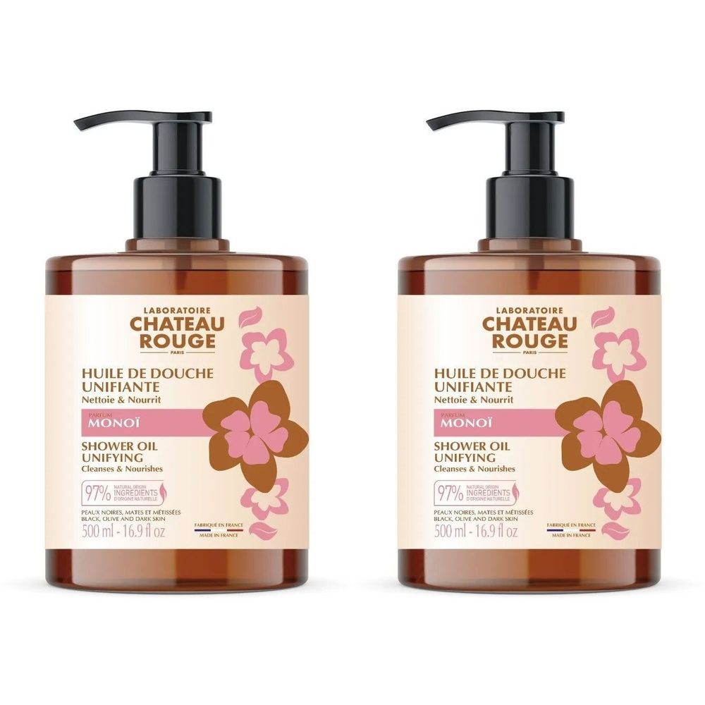 Deux flacons d'huile de douche avec pompe noire. Inscription : Château Rouge, Huile de Douche Unifiante Monoï. Motif floral.