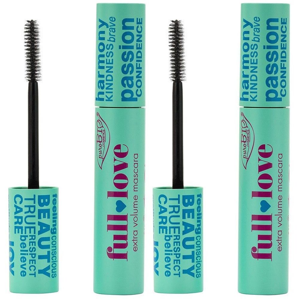Tube de mascara turquoise avec brosse noire. Inscription : Full Love, extra volume mascara. Logo de la marque.