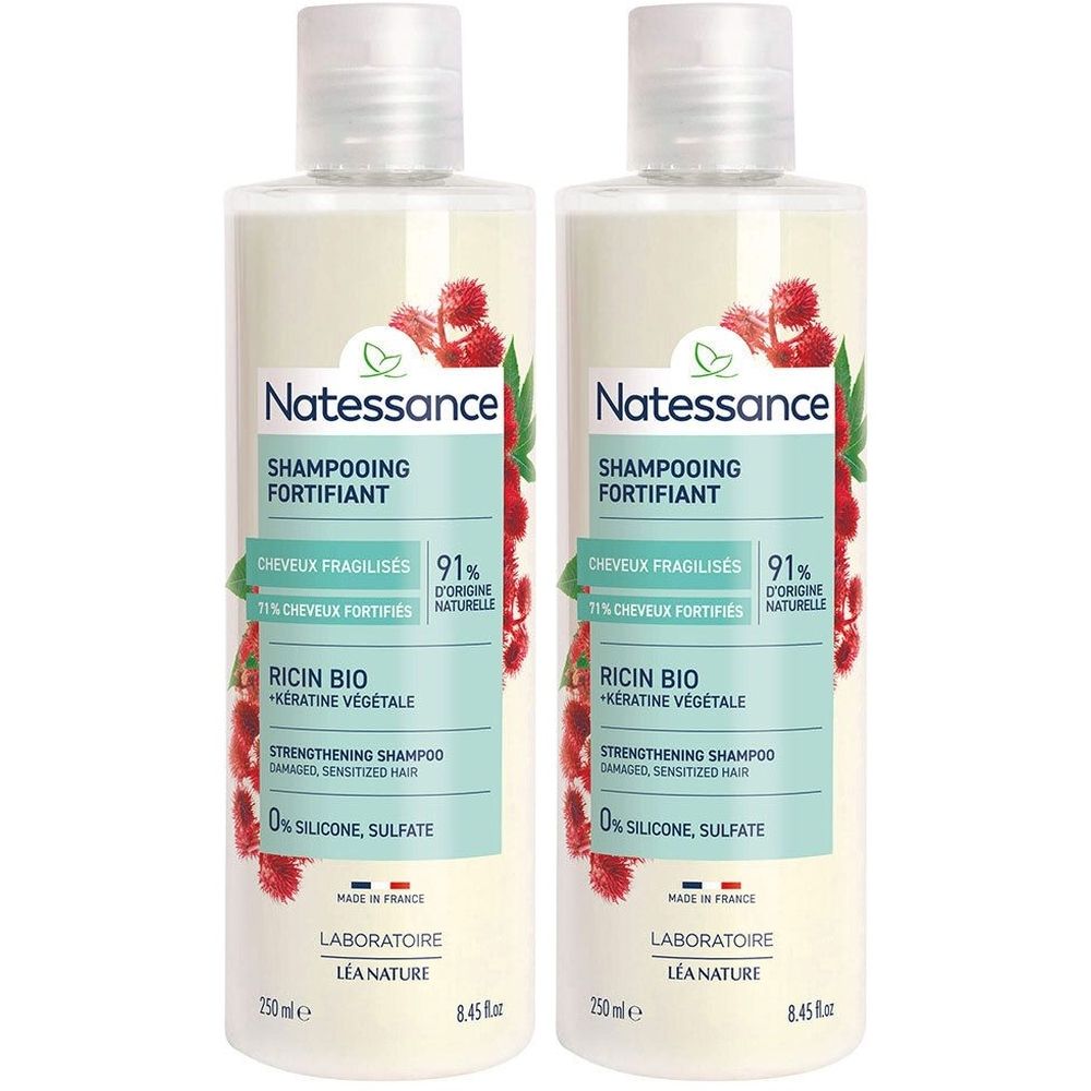 Deux flacons de shampooing Natessance Fortifiant. Contient de l'huile de ricin et de la kératine végétale. 0% silicone, sulfate.