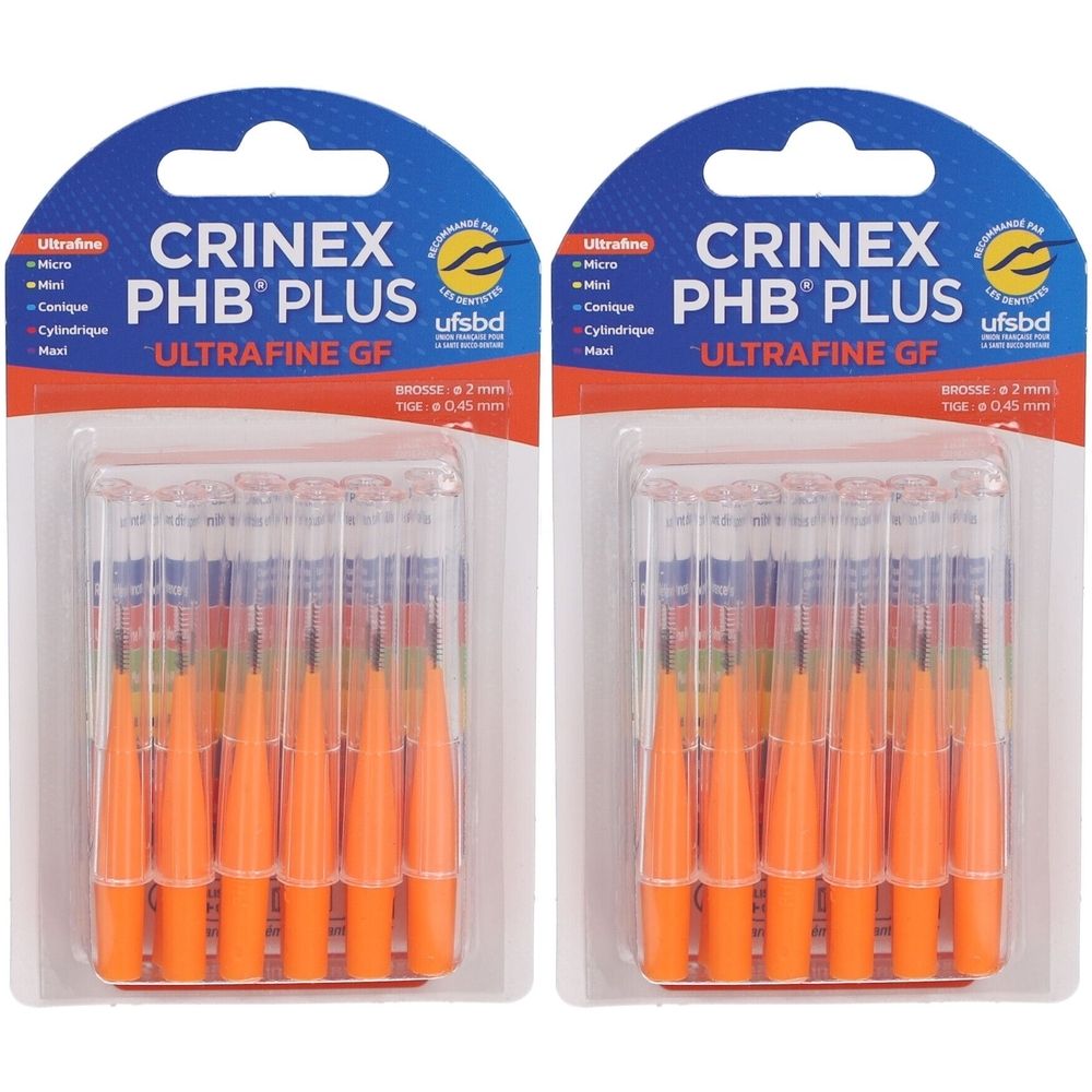 Deux paquets de brosses interdentaires Crinex PHB Plus. Brosses oranges avec manches transparents, emballage blister.