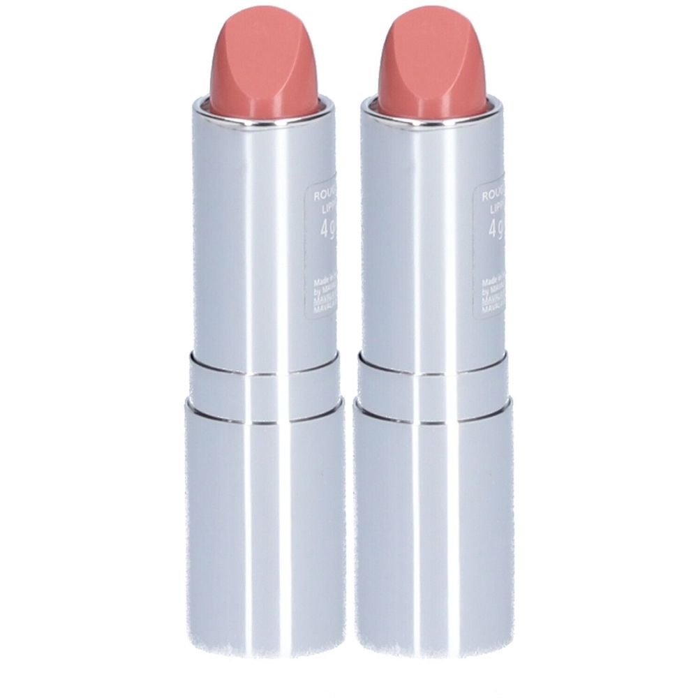 Deux rouges à lèvres roses. Boîtier argenté avec texte. 4g. Fabriqué en Allemagne.