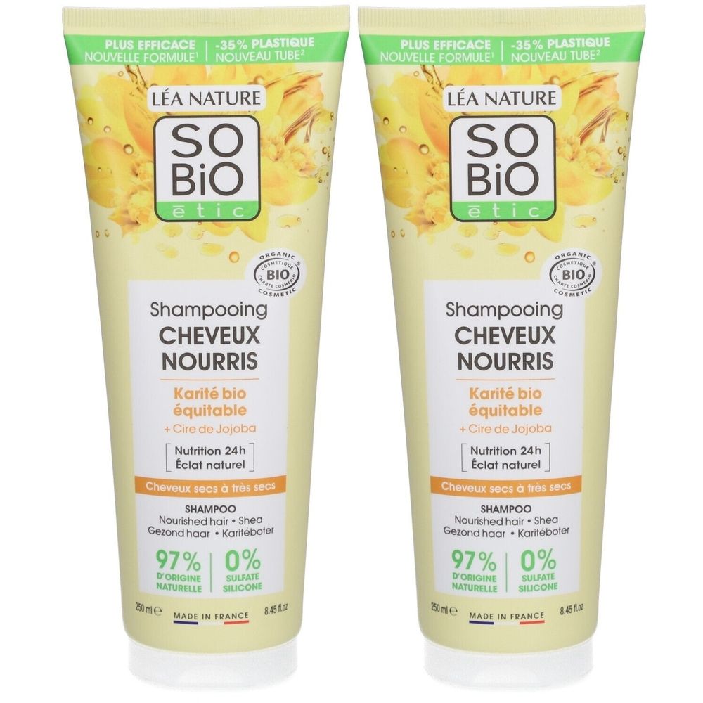 Deux tubes de shampooing SO BIO ETIC. Inscription: Shampooing Cheveux Nourris, Karité bio équitable. Label bio.