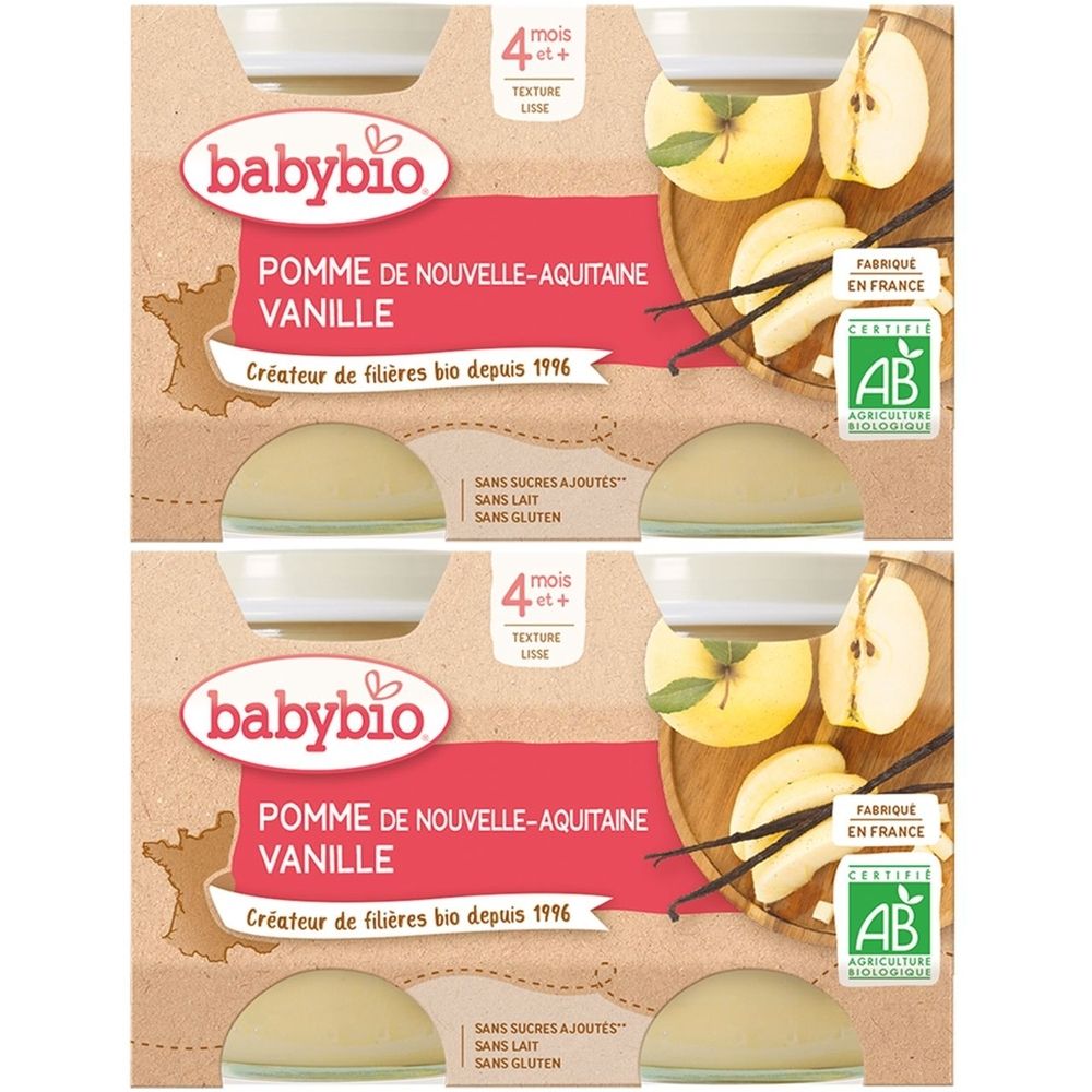 Zwei Babybio-Gläschen mit Apfel-Vanille-Püree. Aufschrift: 4+ Monate, ohne Zuckerzusatz, ohne Milch, ohne Gluten. AB-Siegel.