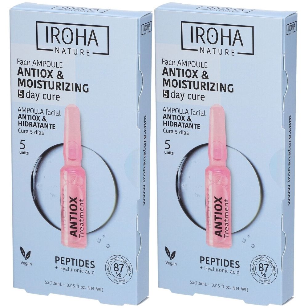 Zwei Packungen mit Ampullen. Aufschrift: IROHA NATURE, ANTIOX & MOISTURIZING, Peptides. Enthält 5 Einheiten.
