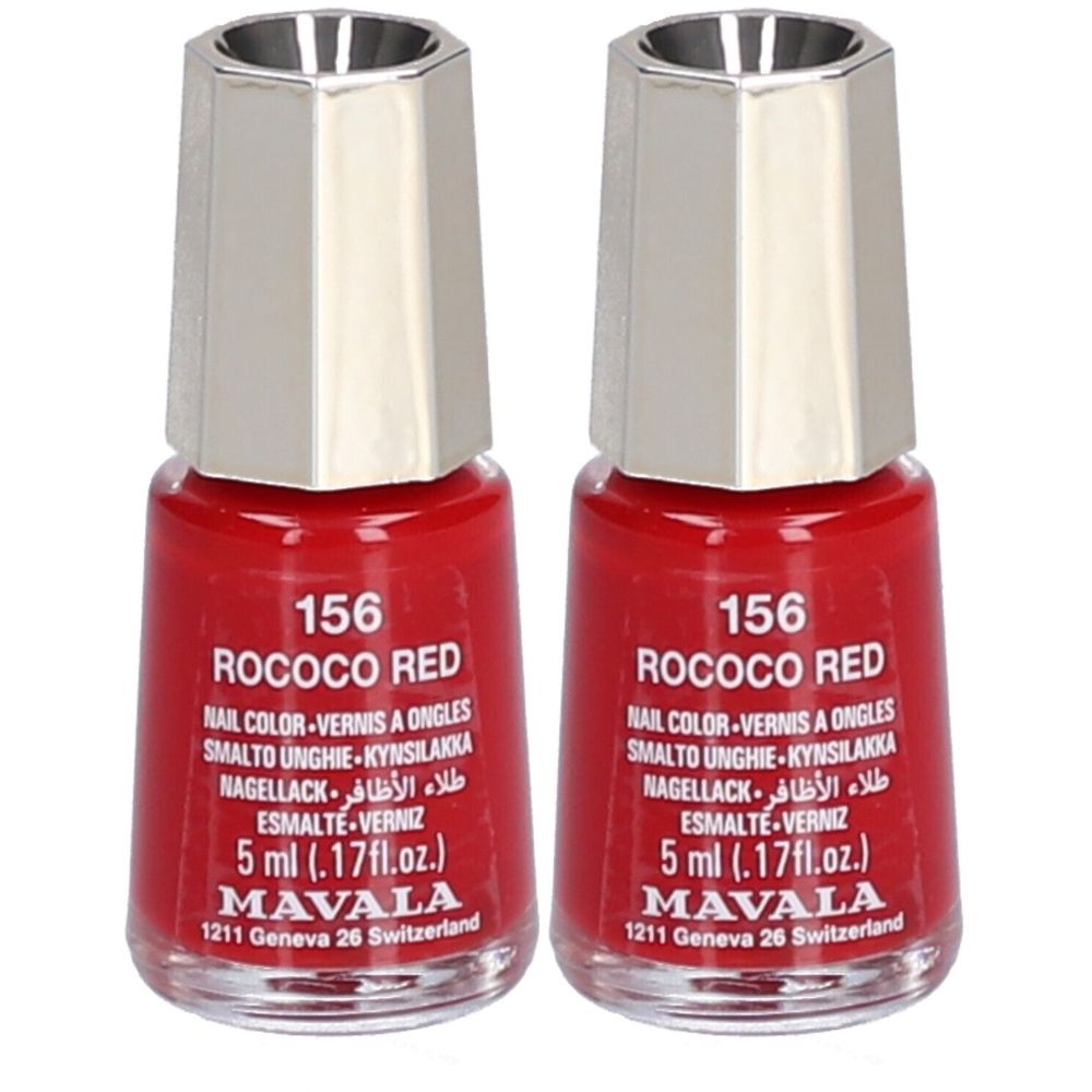 Deux flacons de vernis à ongles rouges. Inscription : 156 Rococo Red, 5 ml, MAVALA. Bouchon argenté.