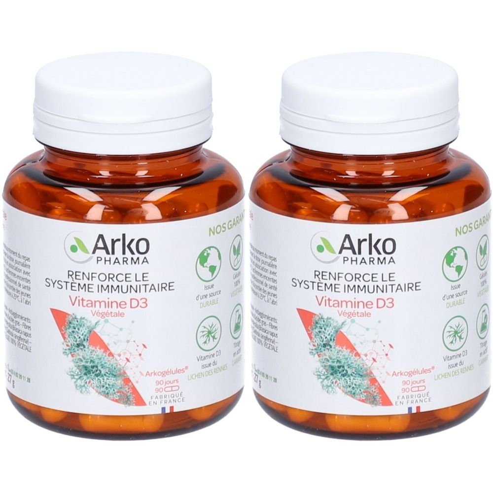Deux flacons de Vitamine D3 Arkopharma. Flacons bruns avec bouchons blancs. Inscription: RENFORCE LE SYSTEME IMMUNITAIRE, Vitamine D3.