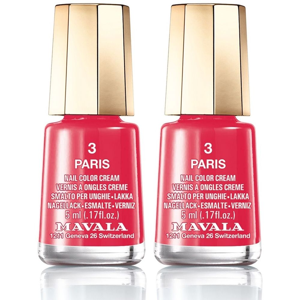 Deux flacons de vernis à ongles rouges, bouchon doré. Inscription : 3 PARIS, MAVALA. 5 ml. Crème de vernis à ongles.