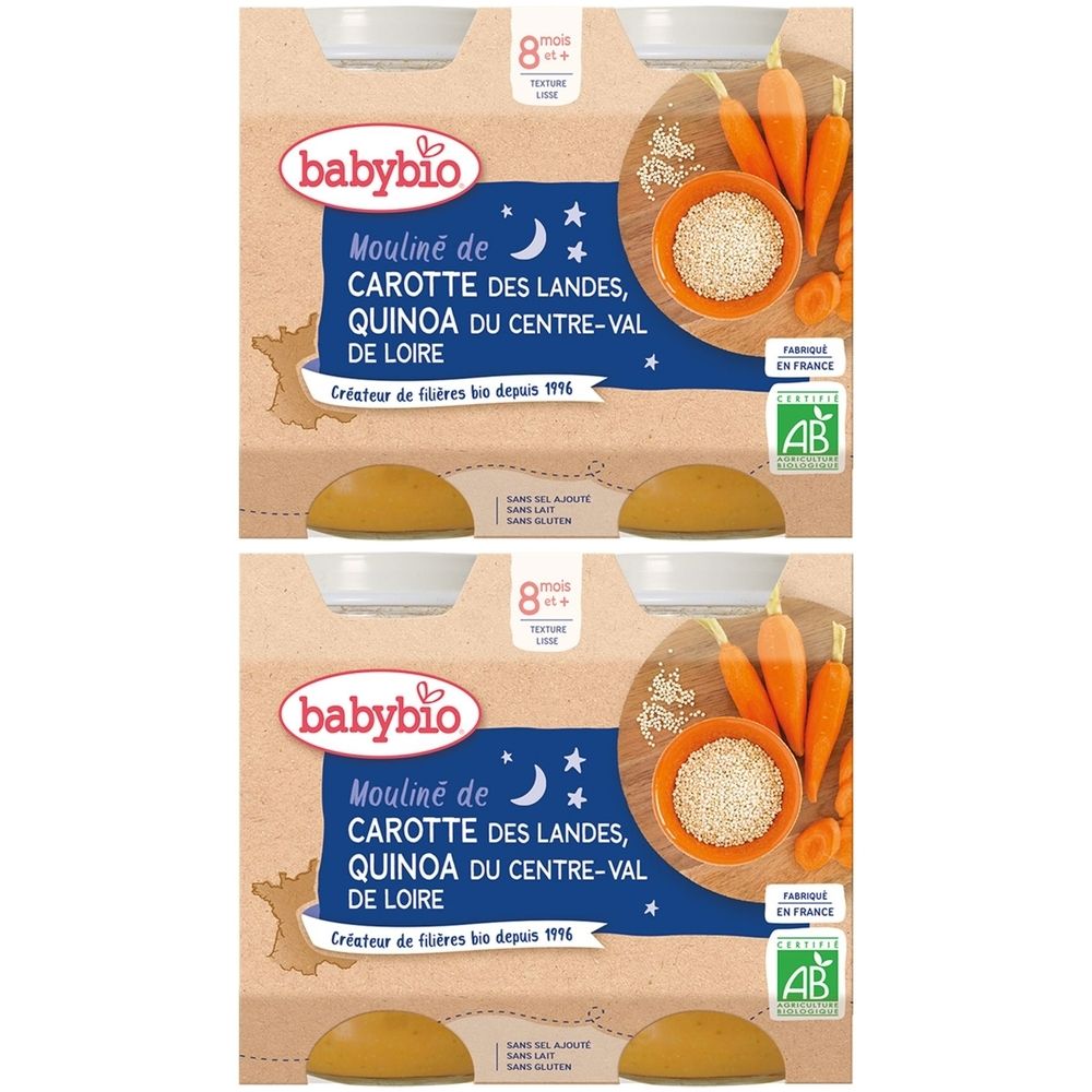 Deux emballages de nourriture pour bébé Babybio. Inscription : Mouliné de Carotte des Landes, Quinoa du Centre-Val de Loire. Label bio.
