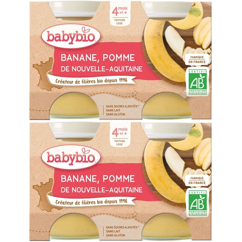 Verpackung mit Babybio-Babynahrung. Aufschrift: Banane, Pomme de Nouvelle-Aquitaine. Bio-Zertifizierung. Ab 4 Monaten.