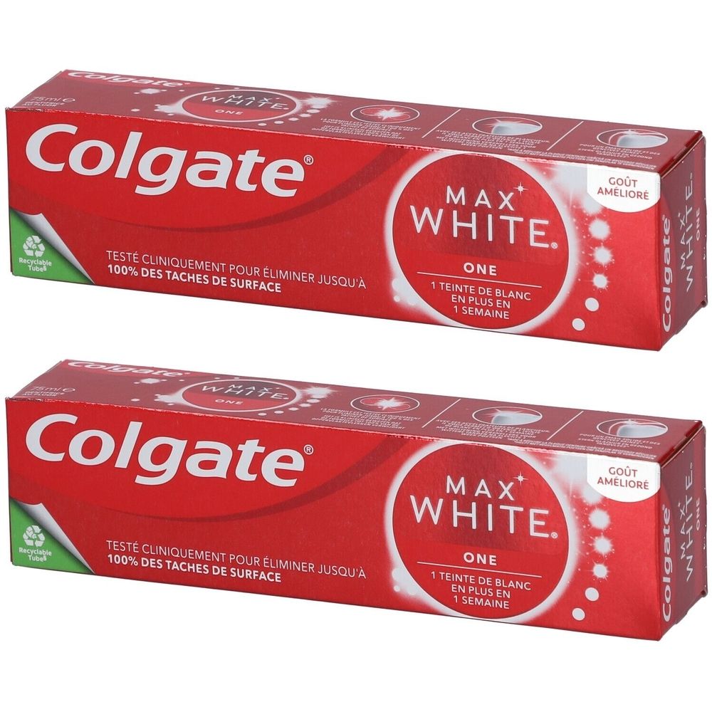Deux boîtes rouges de dentifrice Colgate Max White One. Inscription : Max White One, 1 teinte de blanc en 1 semaine.