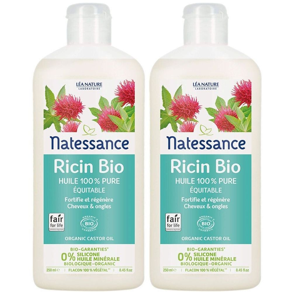 Deux flacons avec bouchon blanc. Inscription : Natessance Ricin Bio, huile 100% pure, fair for life, certification bio.