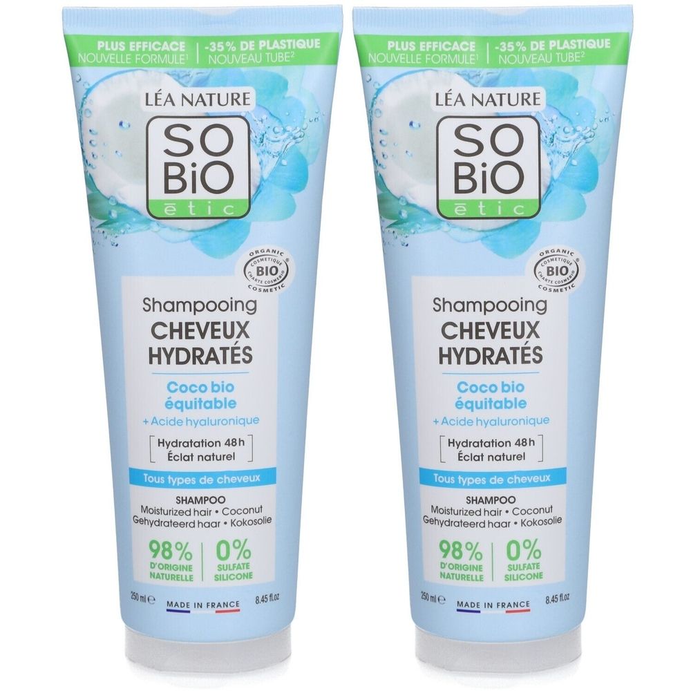 Zwei Tuben SO BIO étic Shampooing. Hellblaue Verpackung mit Produktnamen und Bio-Siegel. Text in Französisch.