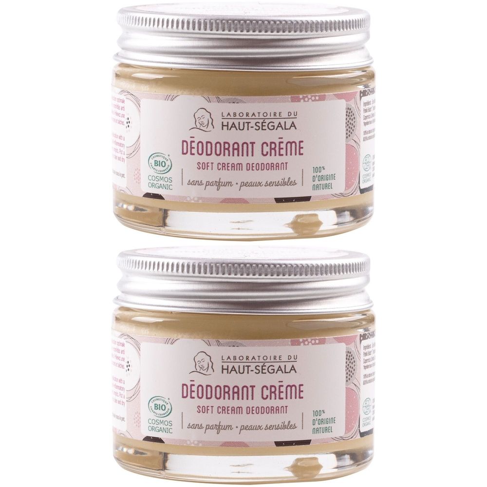 Zwei Gläser Deodorant Crème. Aufschrift: Laboratoire du Haut-Ségala, DÉODORANT CRÈME, sans parfum, peau sensibles. Mit Bio-Zertifizierung.