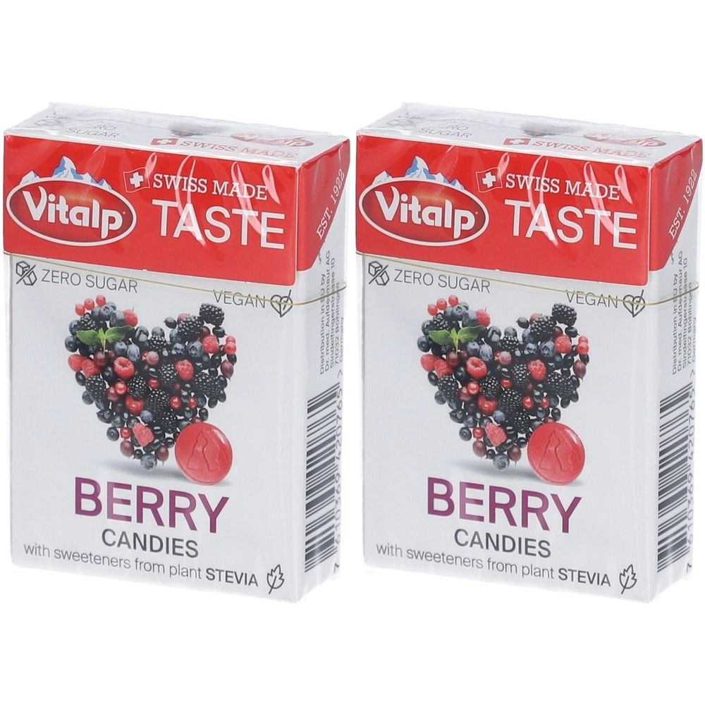 Deux boîtes de bonbons Vitalp. Emballage rouge et blanc avec motif de cœur de baies. Texte : Berry Candies, Zero Sugar, Vegan.