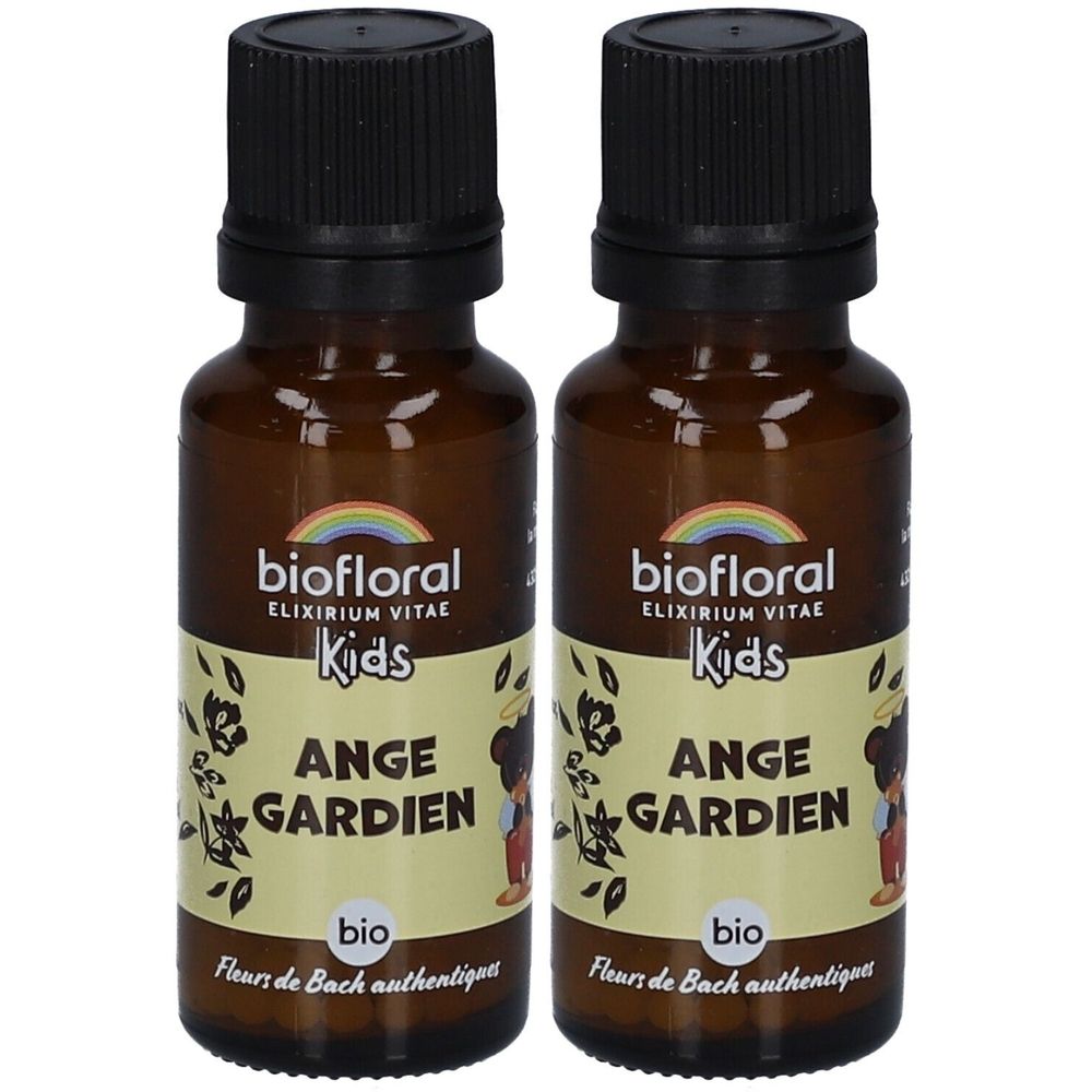Deux flacons en verre brun avec bouchons noirs. Étiquettes : "biofloral Kids Ange Gardien" et "bio".