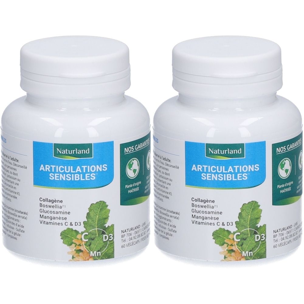 Zwei weiße Flaschen mit blauen Etiketten. Auf den Etiketten steht "Naturland Articulations Sensibles".