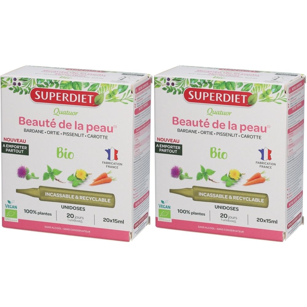 Zwei Kartons mit der Aufschrift "Superdiet Quatuor Beauté de la peau bio". Enthält Ampullen. Vegan, 100% Pflanzen, Incassable & Recyclable.