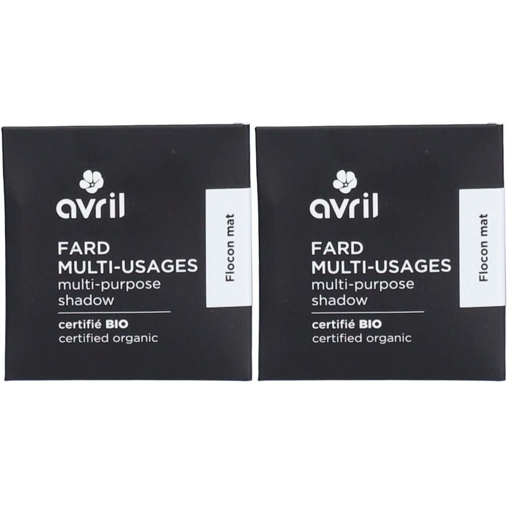 Deux boîtes carrées noires. Sur chacune, on lit "avril FARD MULTI-USAGES multi-purpose shadow certifié BIO certified organic".