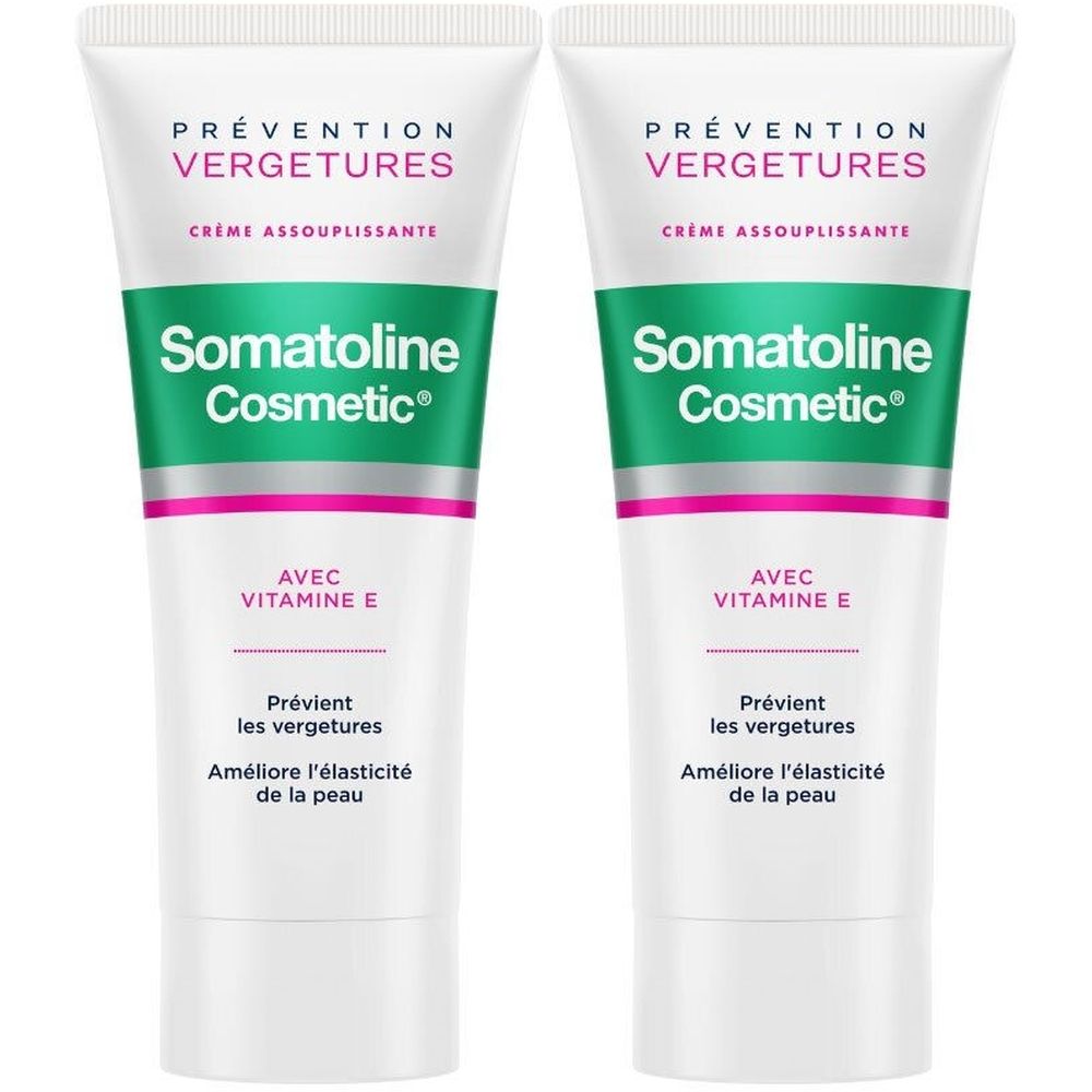 Deux tubes blancs. Inscription: Prévention Vergetures, Crème Assouplissante, Somatoline Cosmetic, avec Vitamine E. Prévient les vergetures.