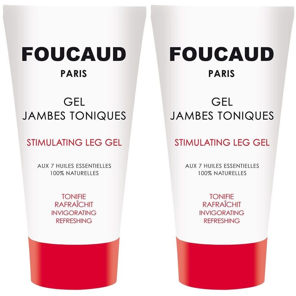 Zwei Tuben mit weißem Hintergrund und rotem Boden. Aufschrift: FOUCAUD PARIS, GEL JAMBES TONIQUES, STIMULATING LEG GEL.