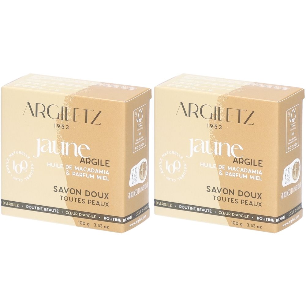 Deux boîtes carrées avec informations produit. Inscription: Argiletz, Savon doux, jaune, Argile, Parfum Miel. Certification FSC.