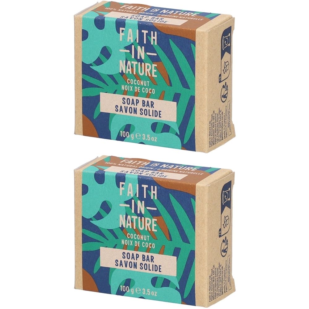 Zwei rechteckige Seifenstücke in Kartonverpackung. Aufschrift: FAITH IN NATURE, COCONUT, SAVON SOLIDE. 100g/3.5oz.