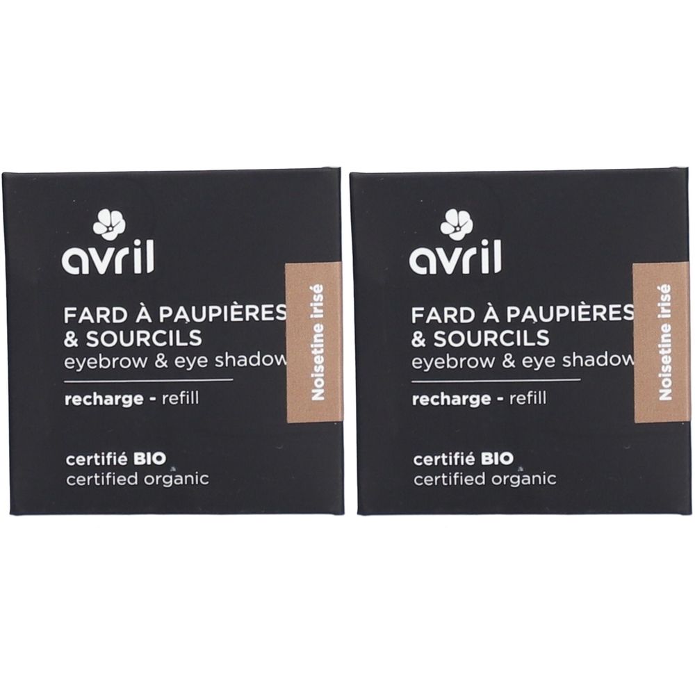 Zwei quadratische Nachfüllpackungen. Aufschrift: Avril, Fard à paupières & sourcils, Noisetine irisé, certifié BIO.