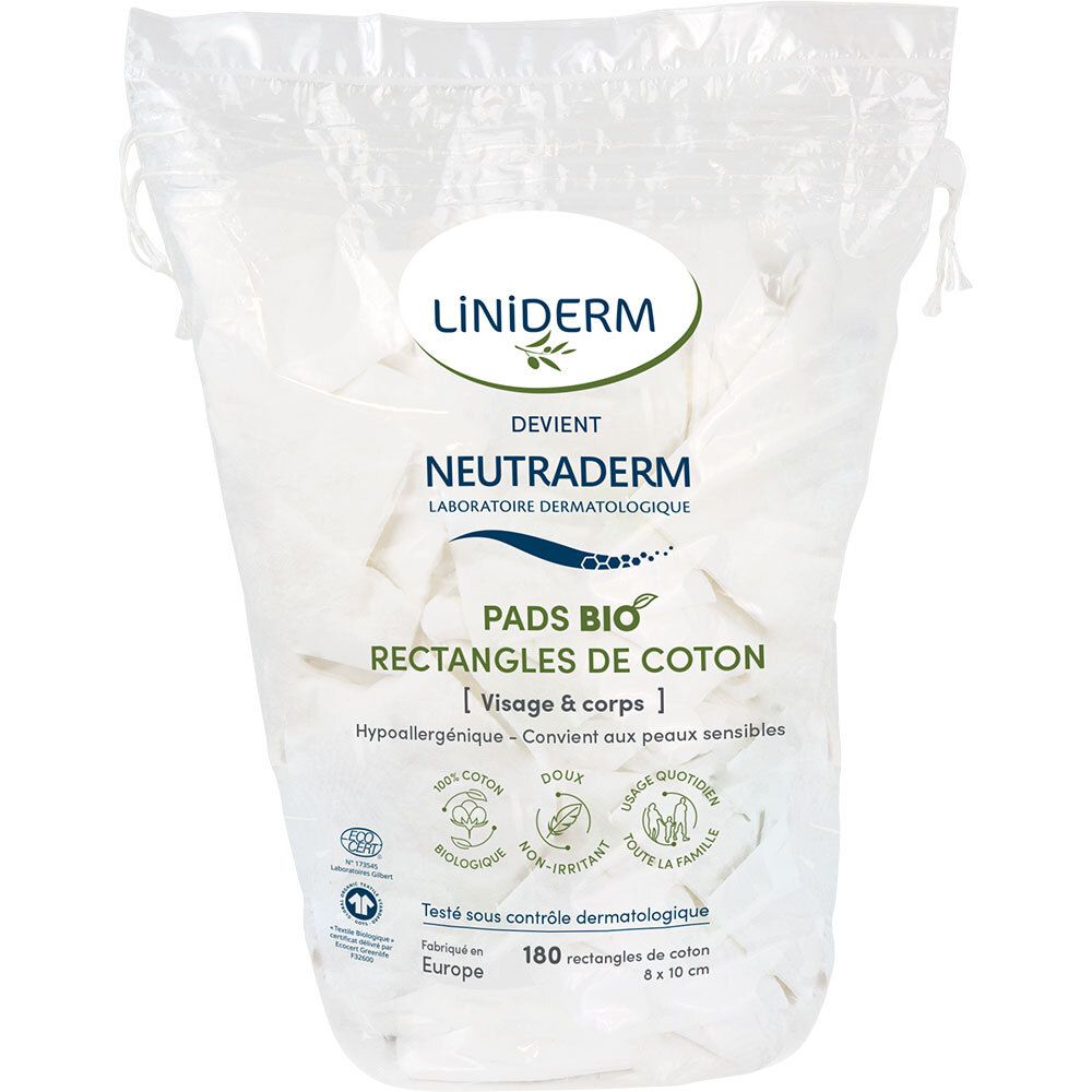 Sachet de pads en coton blanc. Inscriptions: LİNİDERM, NEUTRADERM, PADS BIO RECTANGLES DE COTON. 180 pièces, 8x10 cm.