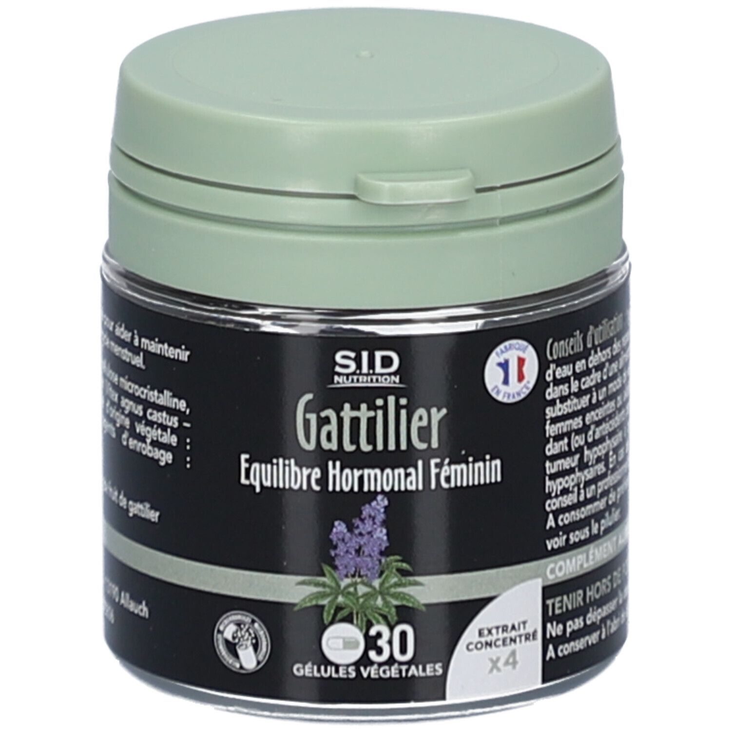 Dose mit grünem Deckel. Aufschrift: Gattilier, Équilibre Hormonal Féminin. 30 pflanzliche Kapseln. SID Nutrition.