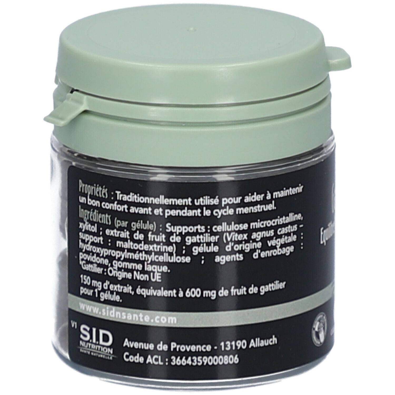 Dose mit grünem Deckel. Aufschrift: SID Nutrition. Zutatenliste, Adresse. Hergestellt in Frankreich. www.sidsante.com.