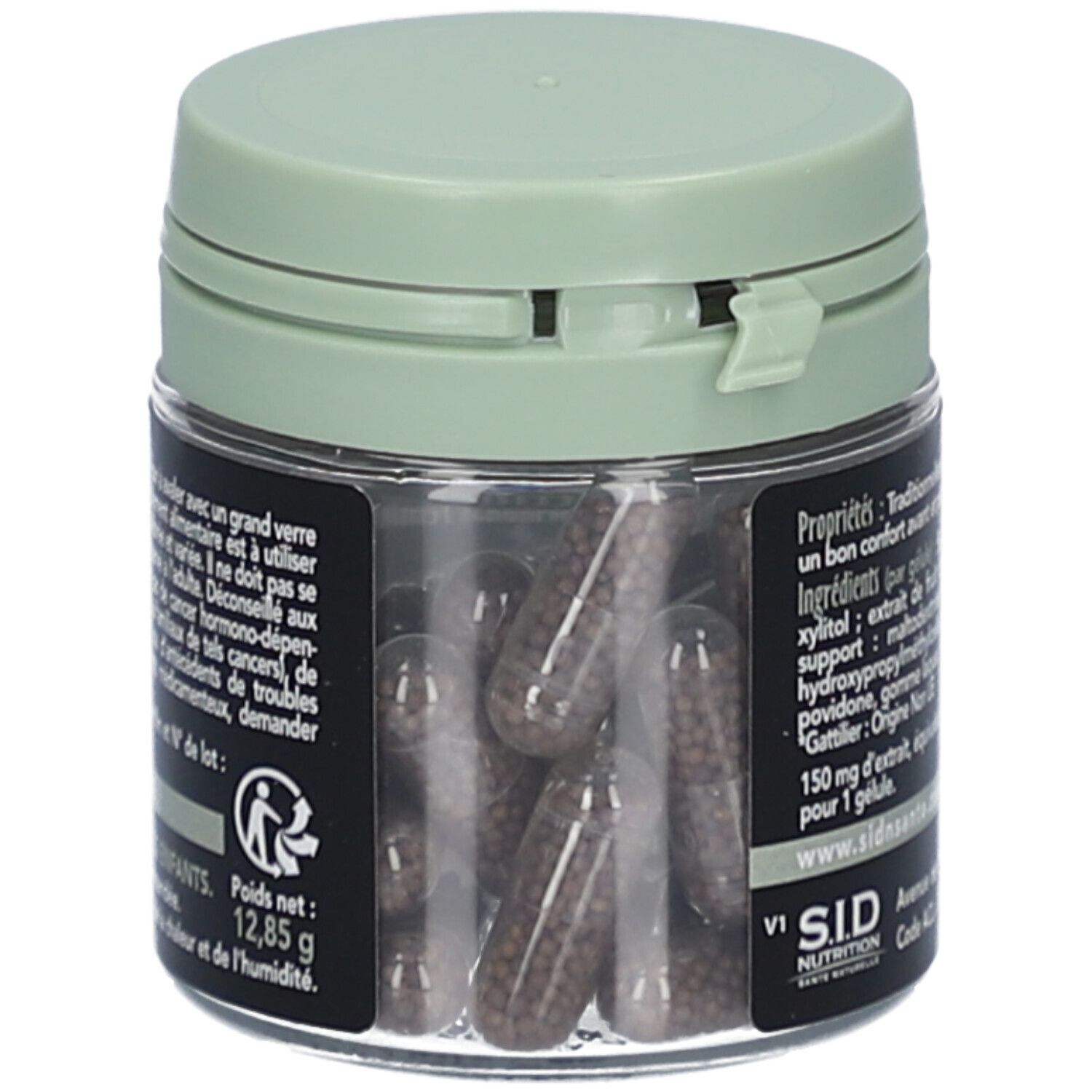 Dose mit grünem Deckel. Durchsichtig, gefüllt mit Kapseln. Aufschrift: Gewicht 12,85 g. SID Nutrition. Hergestellt in Frankreich.