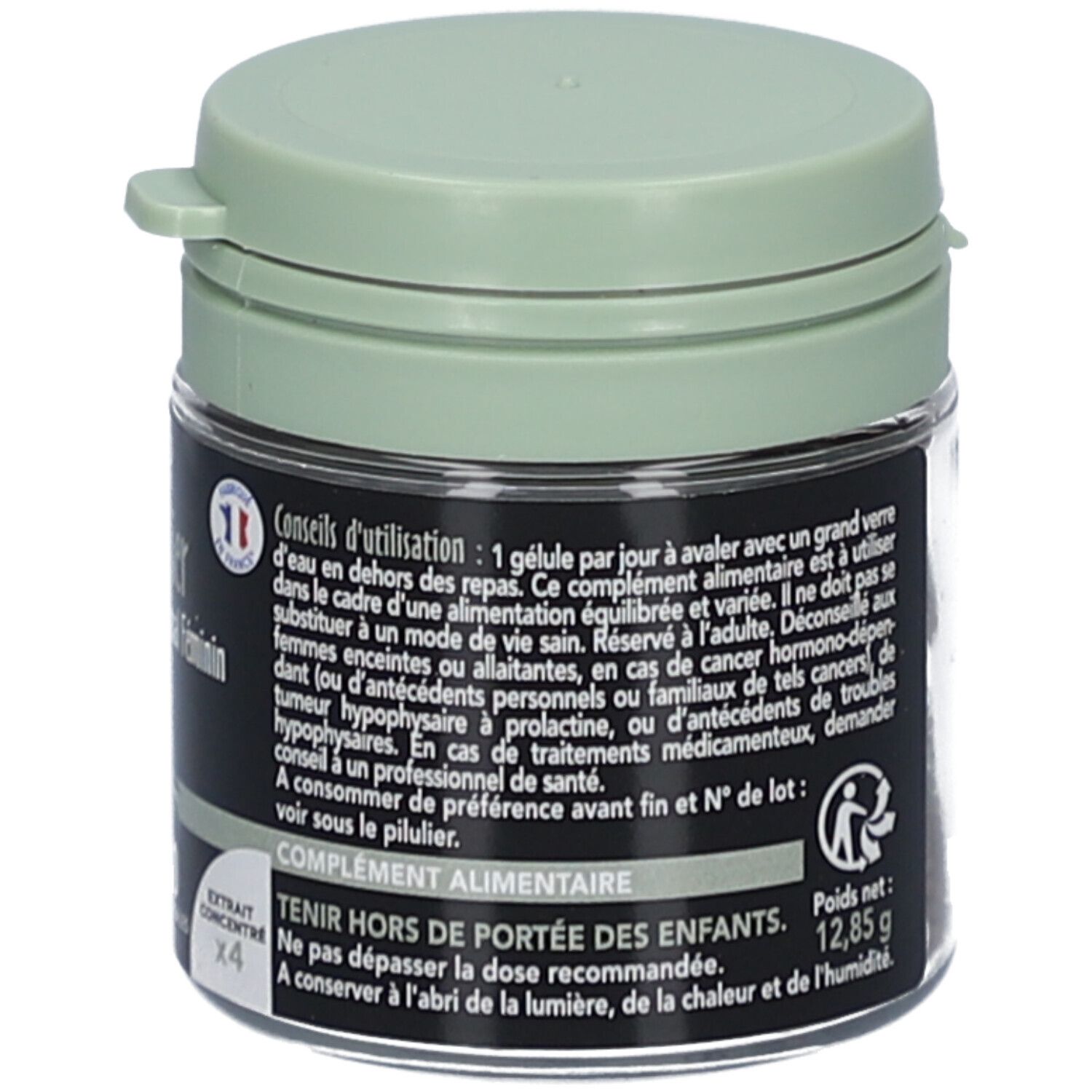 Dose mit grünem Deckel. Aufschrift: Gebrauchsanweisung, ergänzendes Lebensmittel. Hergestellt in Frankreich. SID Nutrition.