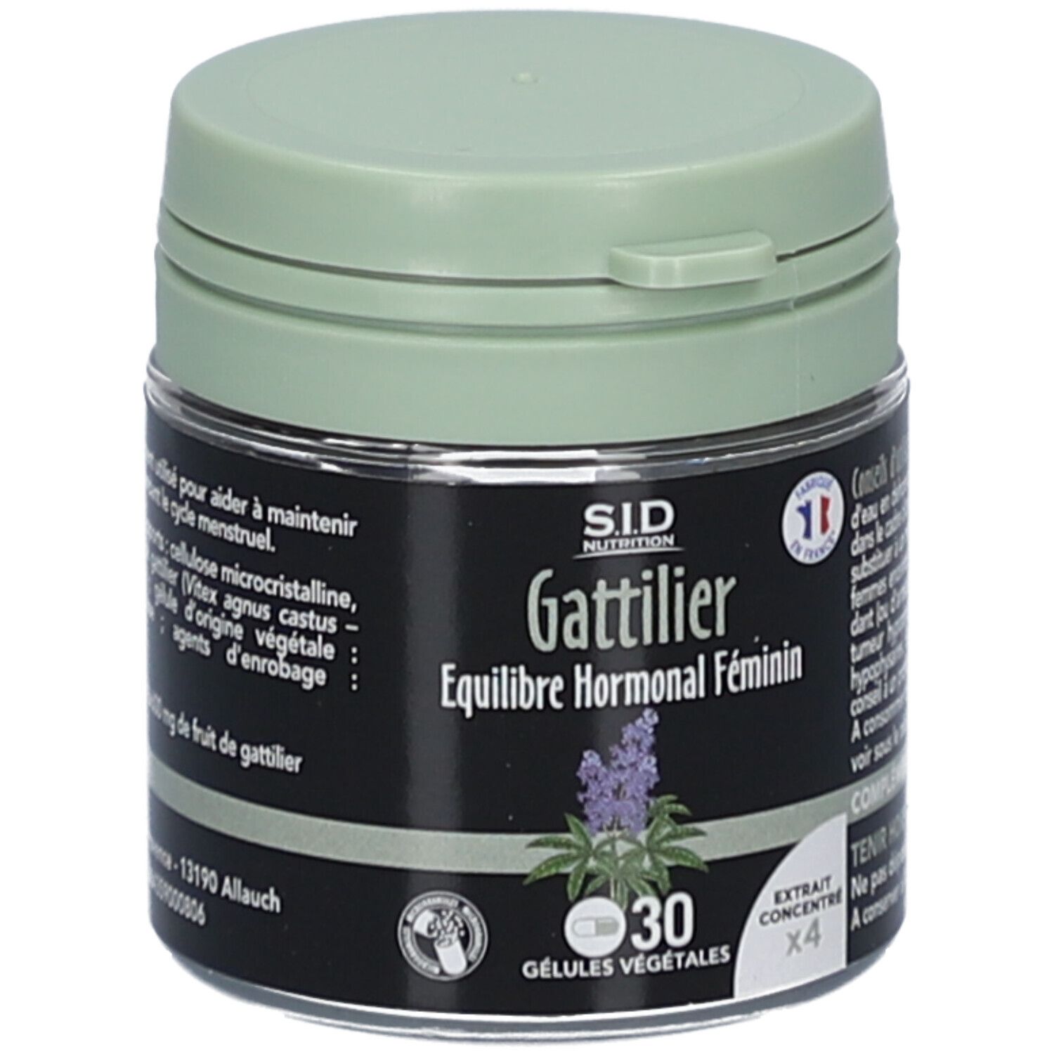 Dose mit grünem Deckel. Aufschrift: Gattilier, Équilibre Hormonal Féminin. 30 pflanzliche Kapseln. SID Nutrition. Frankreich.