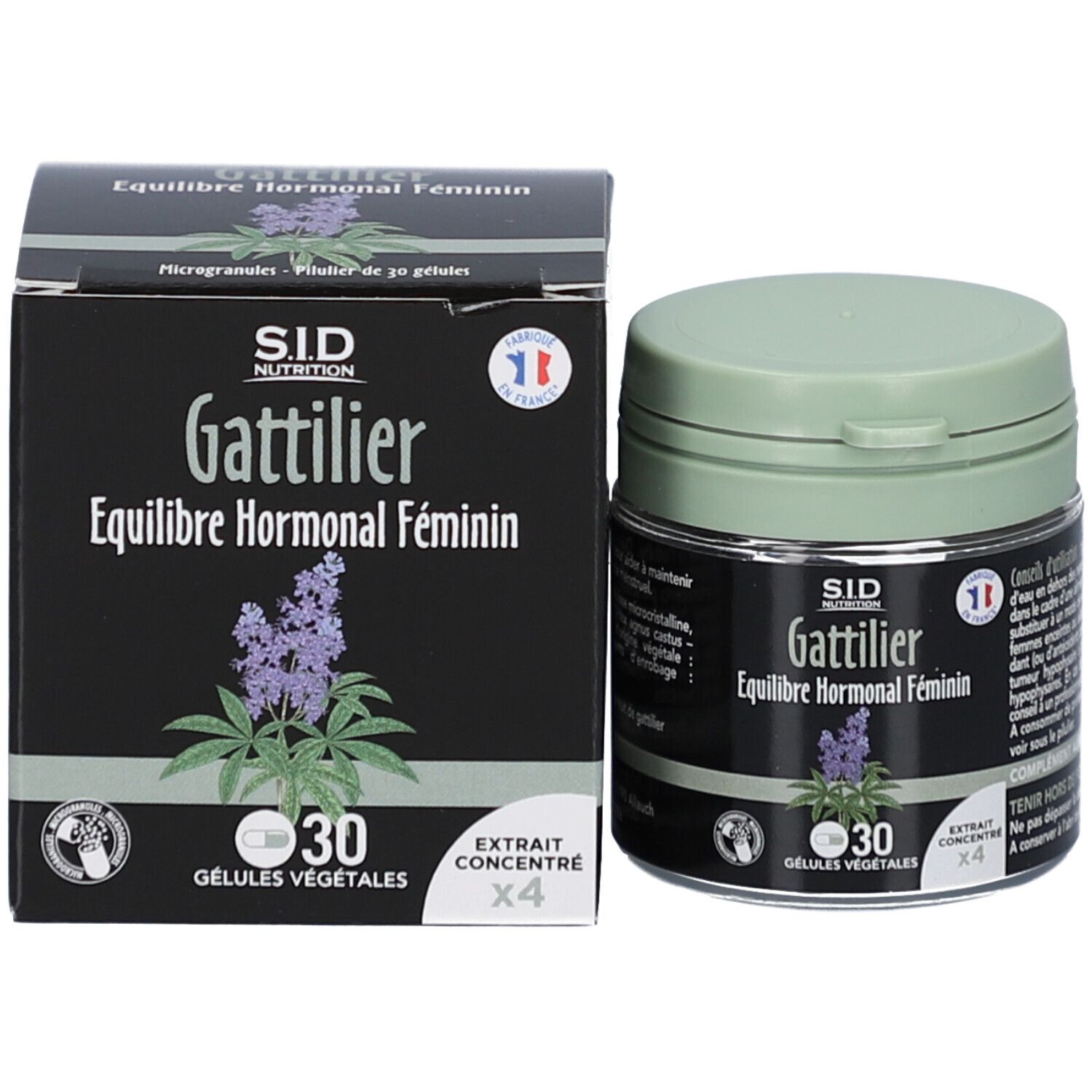 Dose und Schachtel. Aufschrift: Gattilier, Équilibre Hormonal Féminin. 30 pflanzliche Kapseln. SID Nutrition. Frankreich.