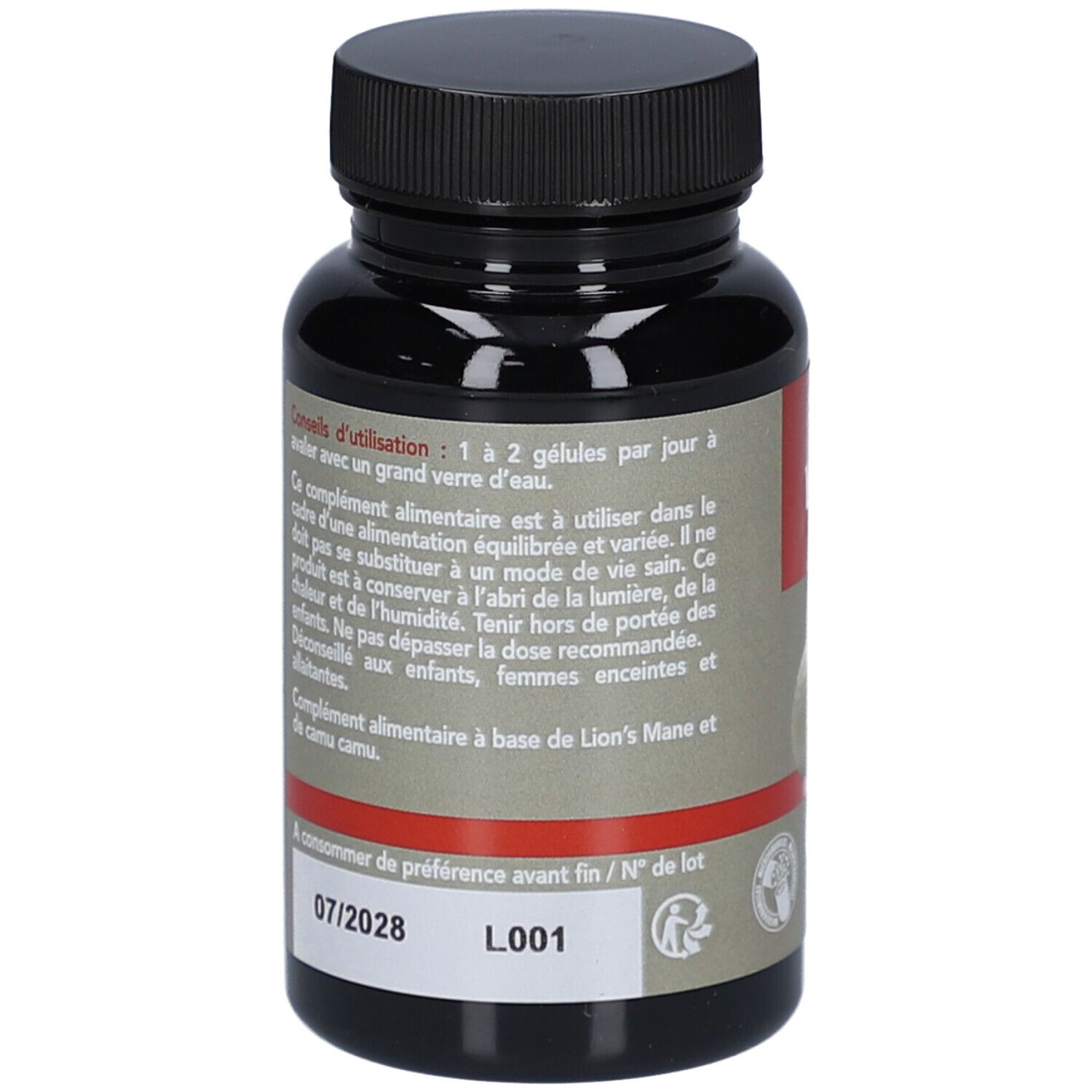 Dos du flacon noir. Texte: mode d'emploi, ingrédients, numéro de lot, date de péremption.