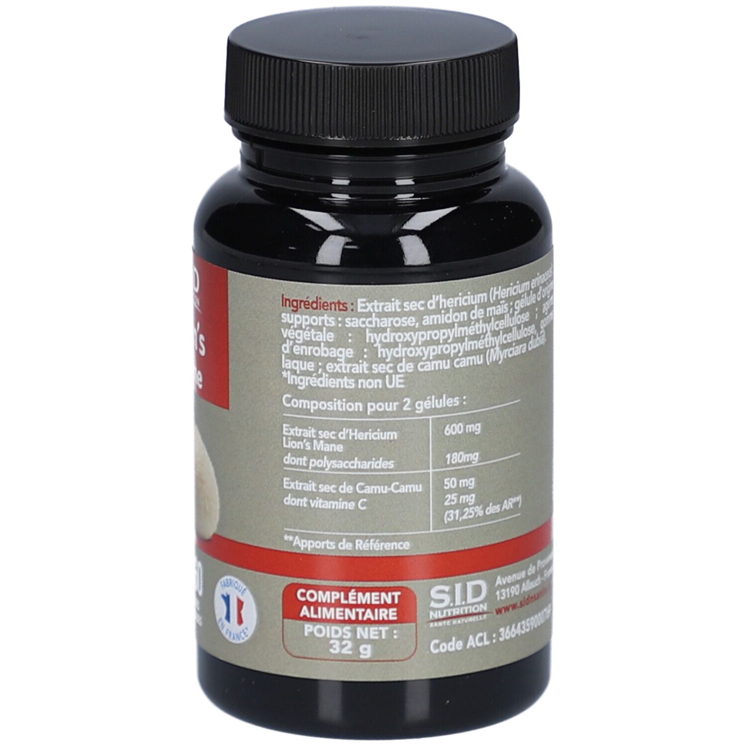 Dos du flacon noir. Texte: ingrédients, informations nutritionnelles, poids net 32g.