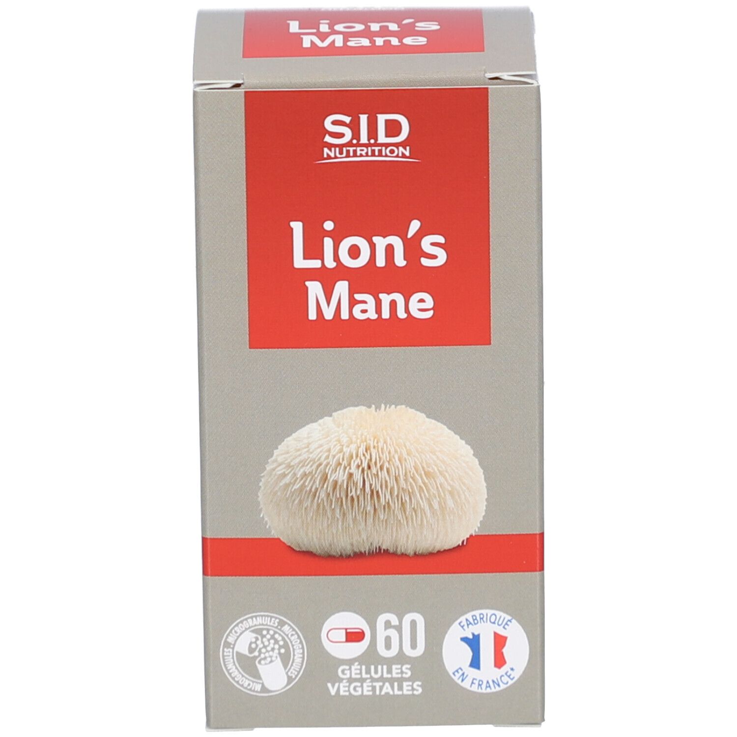 Emballage du produit: boîte. Sur la boîte: S.I.D Nutrition Lion's Mane. 60 gélules. Drapeau français.