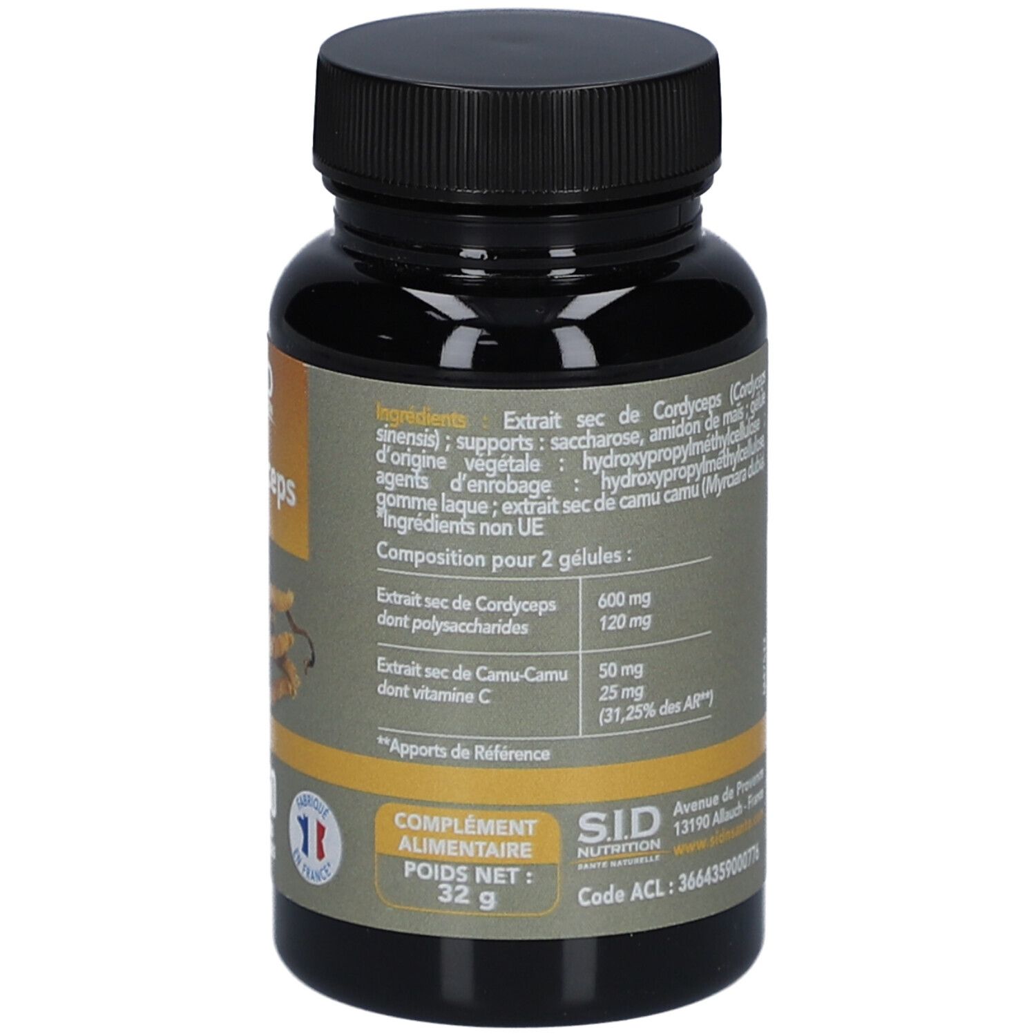 Flacon marron. Étiquette avec ingrédients, informations nutritionnelles et poids 32 g.