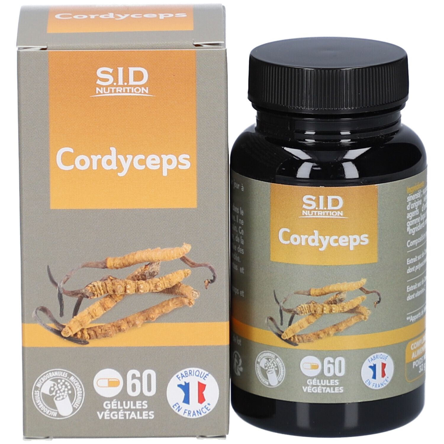 Flacon marron et boîte. Étiquette Cordyceps, logo et 60 gélules. Fabriqué en France.