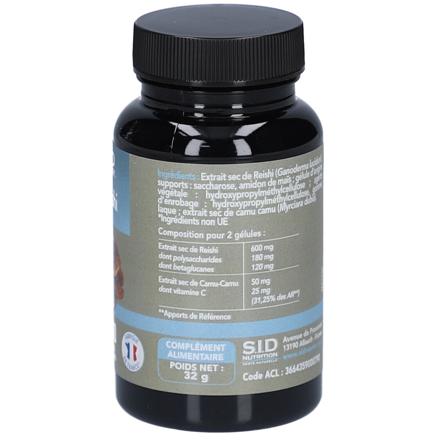 Dos du flacon brun. Texte avec ingrédients et informations nutritionnelles. Poids net: 32 g. Adresse du fabricant: S.I.D. Nutrition.